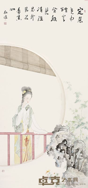 何运东 国画《庭闲赏花图》130X61cm