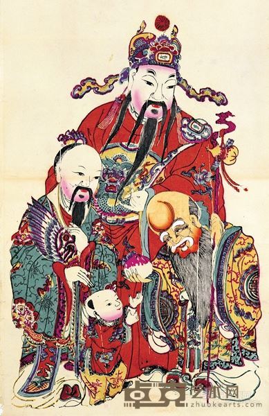 清同治-宣统　彩色福 禄 寿三星木刻年画