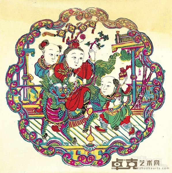 清末民初 彩色麒麟送子木刻年画