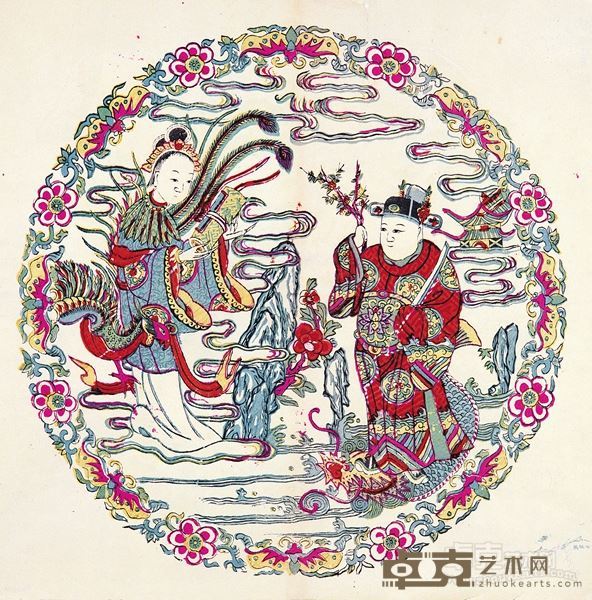 清末民初 彩色龙凤呈祥图木刻年画