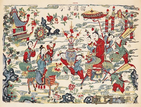 清末民初 彩色榴开百子木刻年画