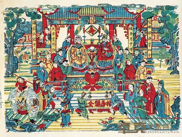 清末民初 彩色福寿双全木刻年画