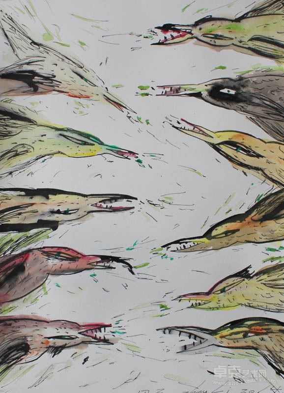 一群鸟儿_36×26cm_康颂手工水彩纸,水彩,钢笔蘸墨_2014