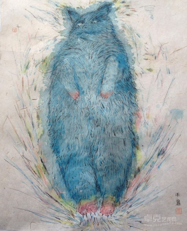 蹦跶 蹦达大蓝猫_50×50cm_宣纸水墨_2015