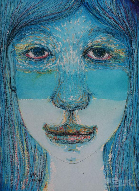 蓝心_36×26cm_康颂阿诗手工水彩纸,丙烯,墨汁,铅笔_2014