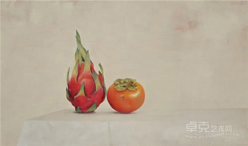 《火龙果和柿子》丙烯，画在亚麻布上 41x69cm 2015年