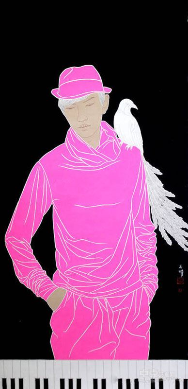 王鹏作品《王的天下之极乐鸟》  136x68cm   纸本工笔 2014年