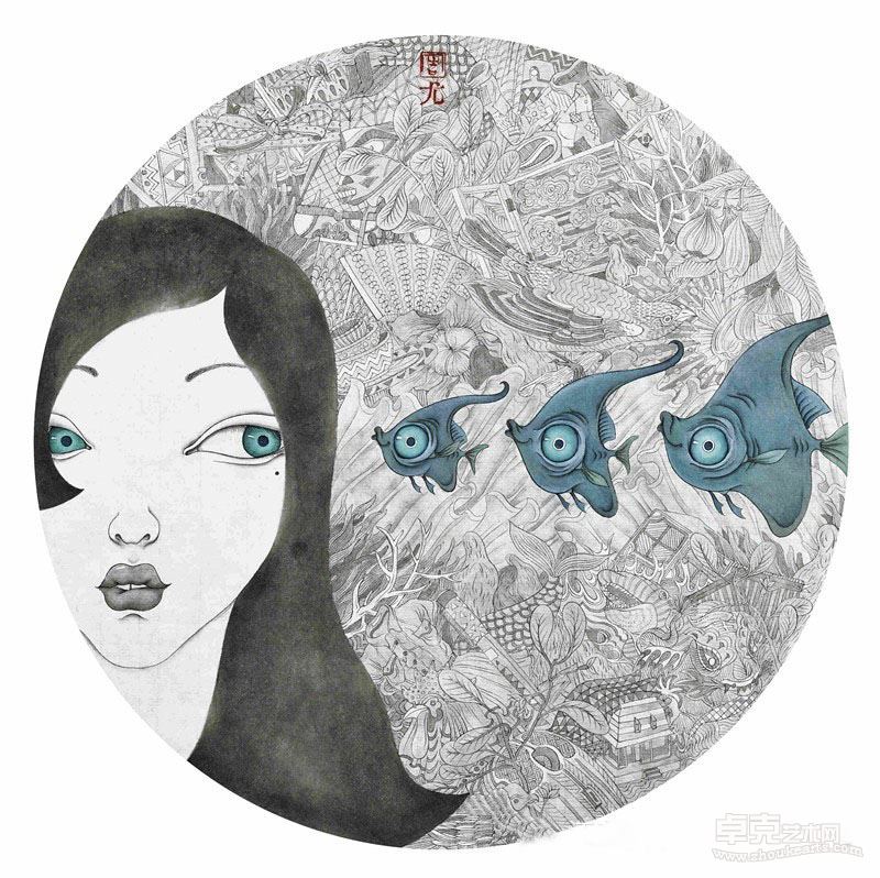 《美人.鱼》33＊33cm+2013年++纸本设色