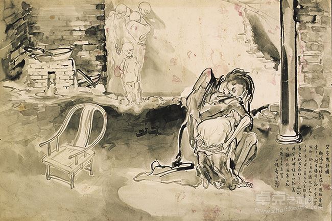 司徒乔-空室鬼影图-1946-竹笔画
