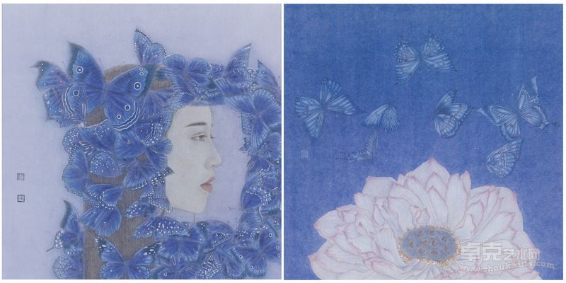 贾靓《十二支梦—芙蓉》 纸本工笔34×34cm×2 2015年