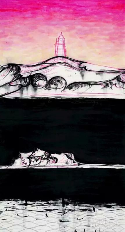 魏青吉 《南极计划-建一座塔》   宣纸、水墨 180×95cm 2015