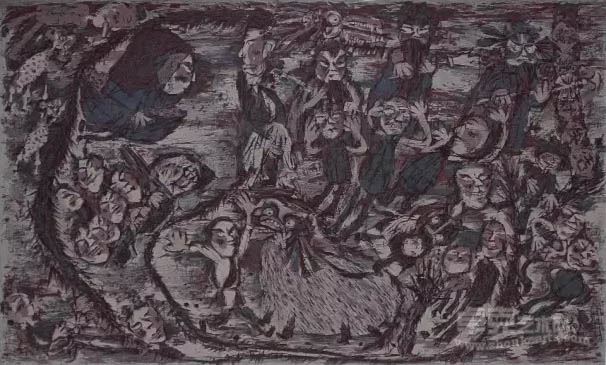 张璟 《簸箕村的快活》绝版木刻90×54.5cm 2015年