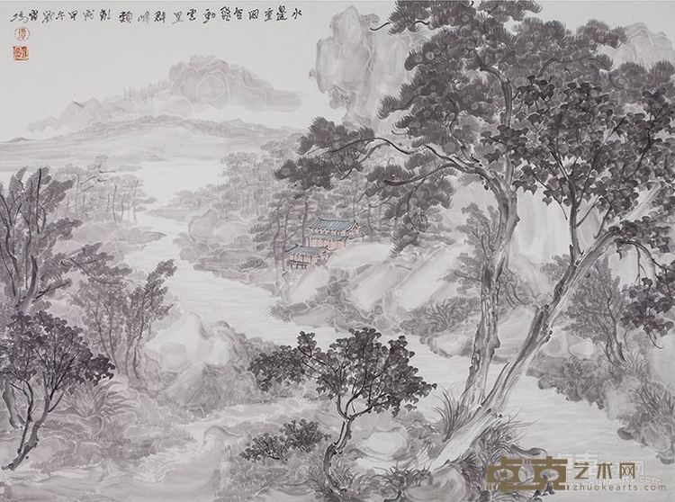 谭雷鸣、水边重阁含飞动、51×68cm、约3.2平尺、纸本设色2014年