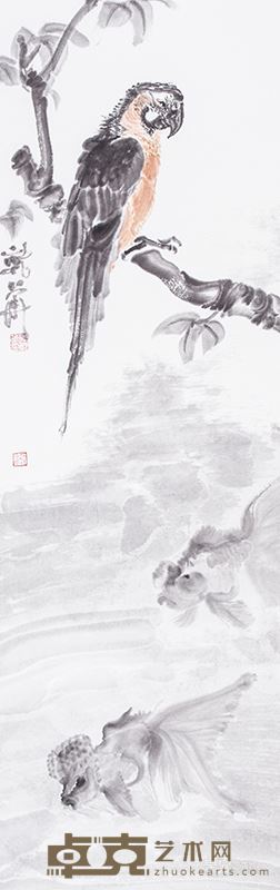 周乾华、鹦鹉、97×30cm、约2.7平尺、纸本设色、2013年