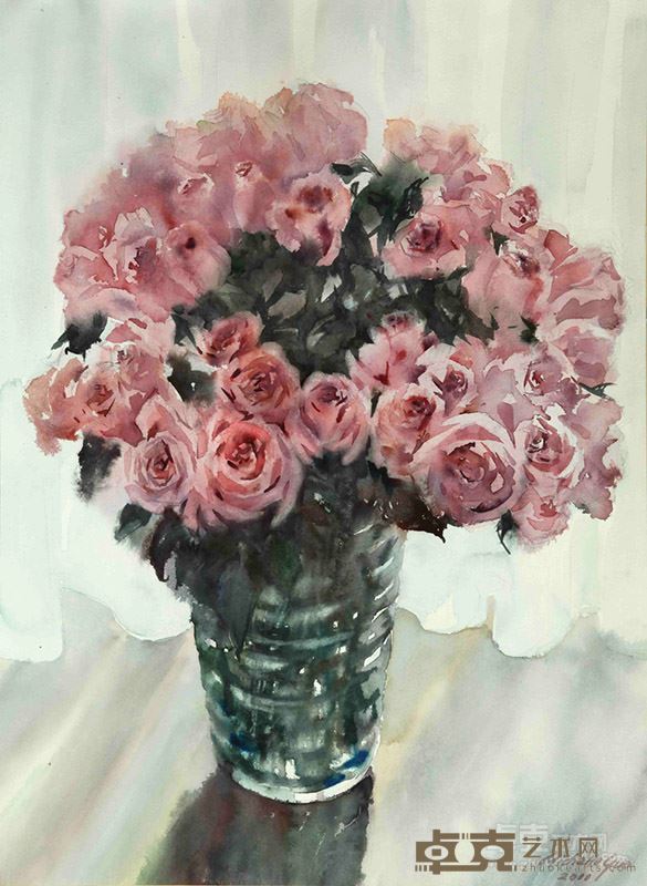 郭梅《窗前粉玫瑰》73x53cm纸本水彩2011年