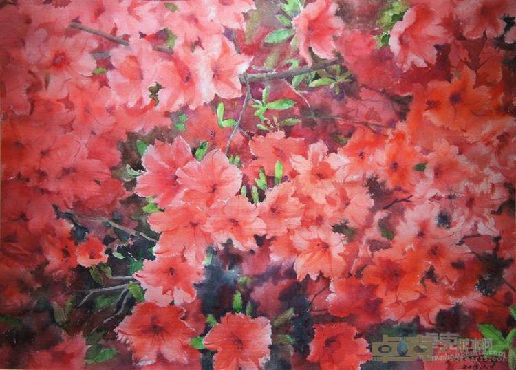 郭梅《杜鹃红艳艳》53x72cm纸本水彩2015年