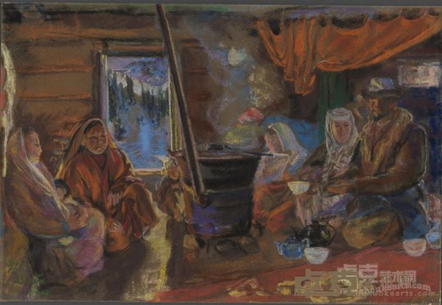 司徒乔 哈萨克人家 年代：1945 规格：37.6×55.8cm