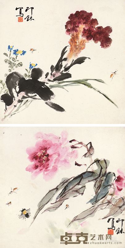 萧朗 花卉草虫 33x34cmx2
