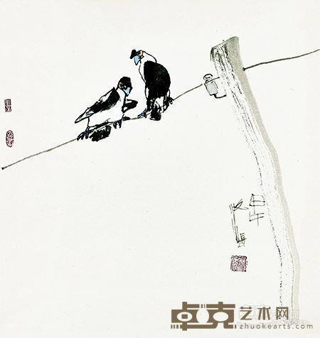 电线上的双鸟 纸本设色 60cm×60cm 2014年