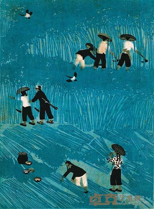 收麻季节-1962年版画-32×24cm