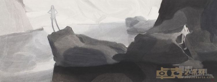 张富军《投石》纸本水墨 50×138cm  2015年