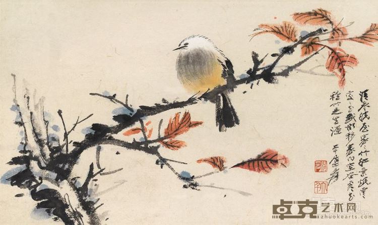 红叶小鸟  张大千  设色纸本 镜框  22.7*34.7cm