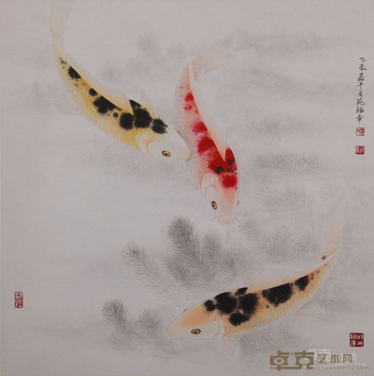《鱼之乐》纸本设色 工笔重彩 66x66cm