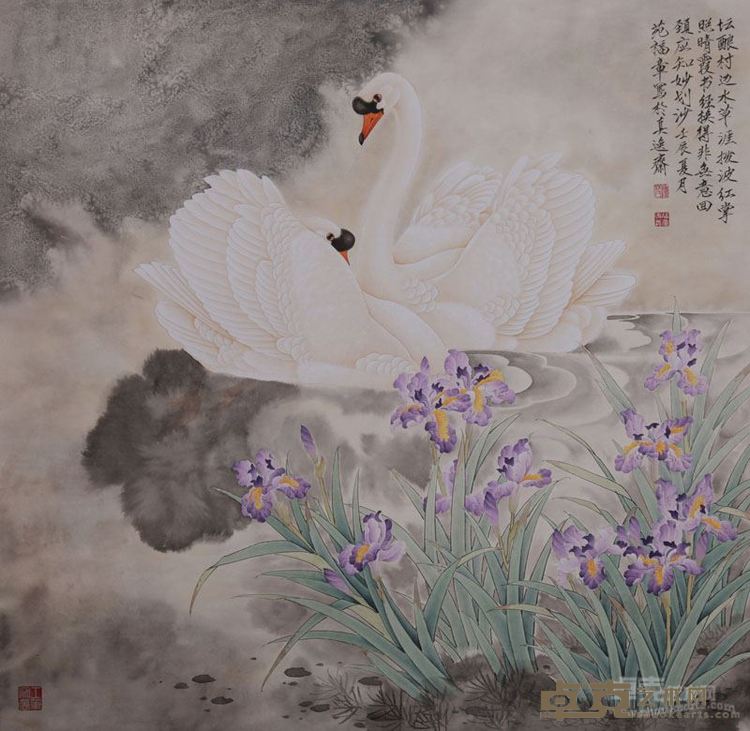 《天鹅兰情》纸本设色 工笔重彩 80×80cm