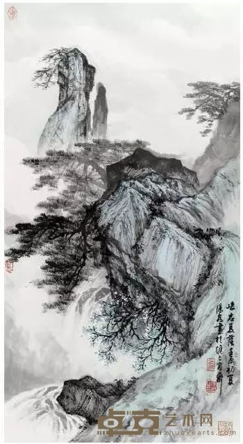 《峻岩夏阴》 周阳高 水墨 48cm×90cm