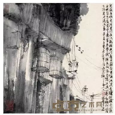 《乌镇古城》 汪家芳 水墨 37cm×37cm