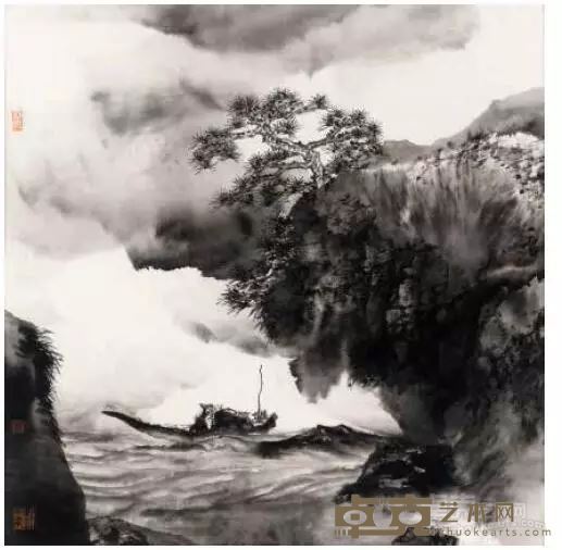 《春山泛舟》 丁一鸣 水墨 50.5cm×50.5cm