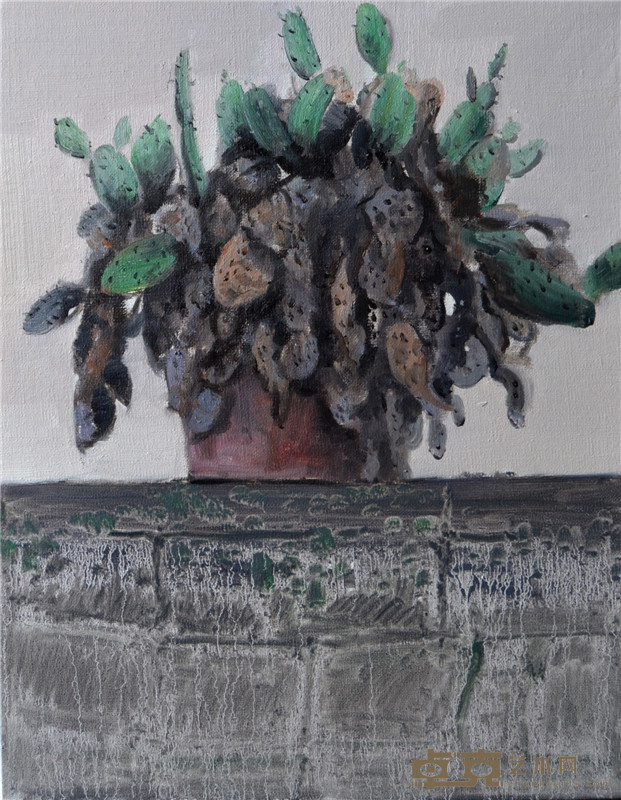 矮墙上的仙人掌30X40布面油画2014