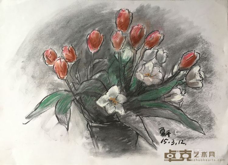 《快开败的白色郁金香与红色的郁金香》 42cmX58cm纸本炭笔 2015年