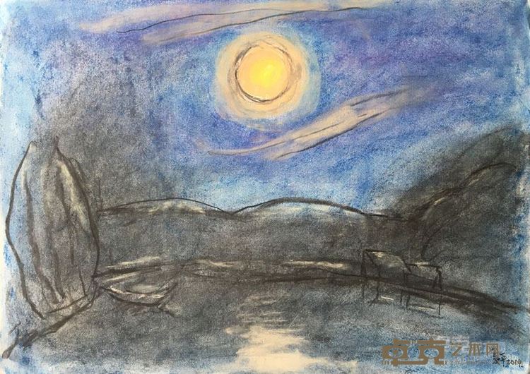 《有月亮的风景》之一 42cmx59,5cm 纸本炭笔 2015年