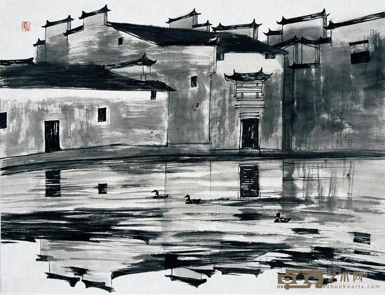 马波生 宏村水暖图 水墨纸本 70×70cm 2012年