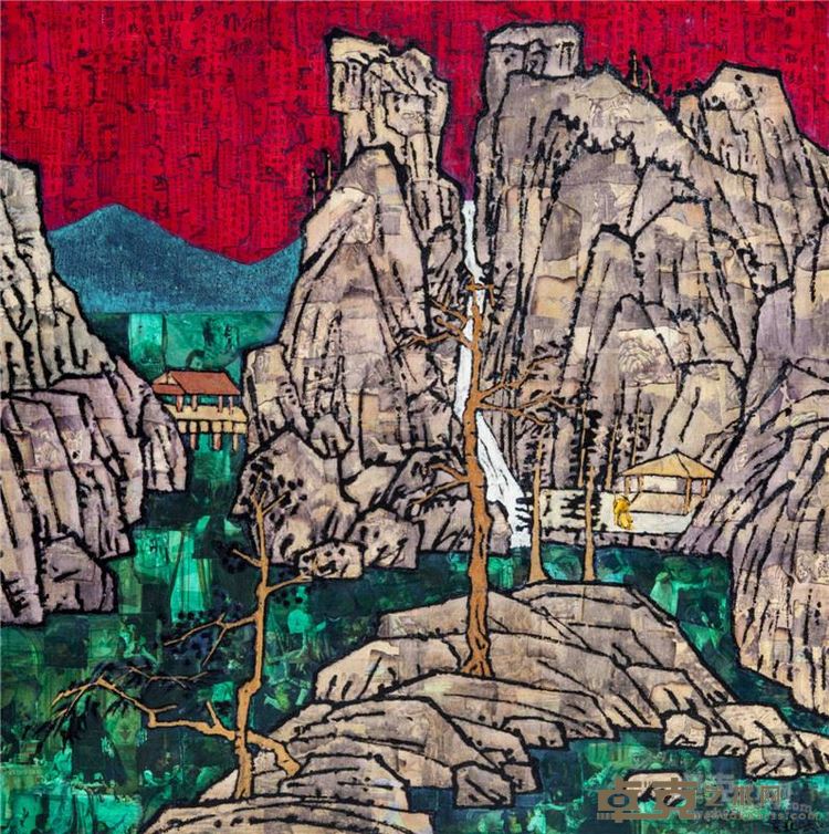 薛松《观瀑图》布面丙烯综合材料 100x100cm 2010年