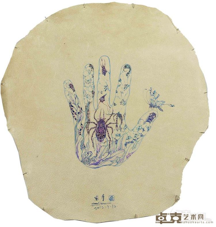 孙良《左手》 皮、油画 28x34cm 2012年