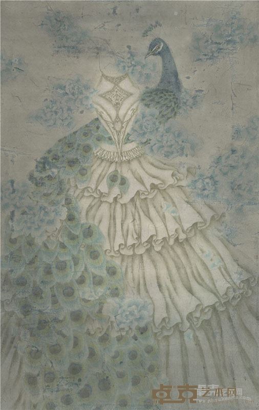 李丹 2016年，纸本设色，  《雀之恋》71x112cm