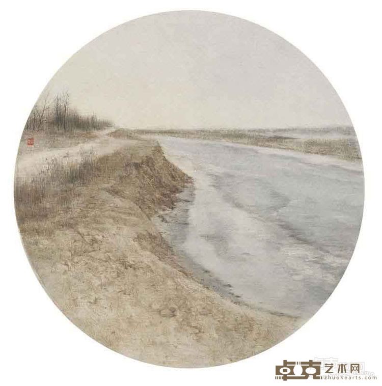 党震《汶河风景之三》直径62.5x62.5cm 纸本设色 2016年